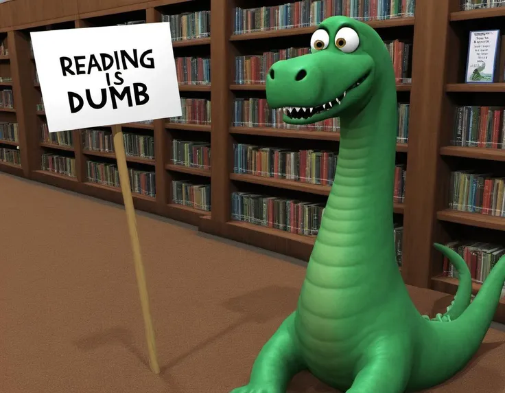 CGI, Loch Ness Monster at the public library with a sign that says "reading is dumb" <lora:1990s_CGI_XL:1>