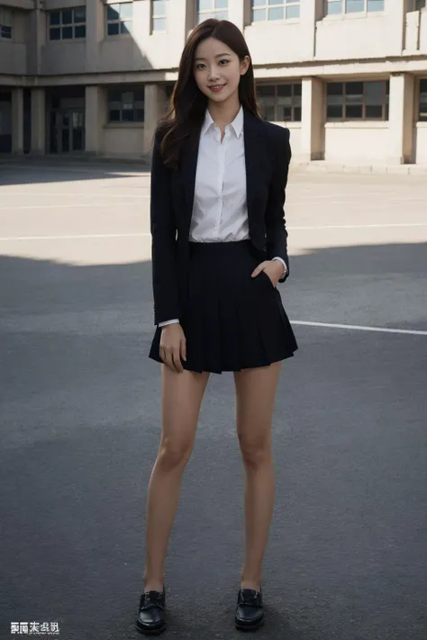 <lora:school_yard_v0.1:1> , school yard, Best quality, masterpiece, ultra high res, (photorealistic:1.4), raw photo, (slender legs)(beautiful hands)(normal body shape), dynamic pose, 1girl, solo, school uniform, in the dark, deep shadow, low key, cold light 12000K, smile,