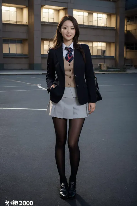 <lora:school_yard_v0.1:1> , school yard, Best quality, masterpiece, ultra high res, (photorealistic:1.4), raw photo, (slender legs)(beautiful hands)(normal body shape), dynamic pose, 1girl, solo, school uniform, in the dark, deep shadow, low key, cold light 12000K, smile,