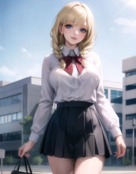 medium breast,white blouse,athletic body,blue eyes,blonde hair,braid hair,perfect lighting, <lora:school_yard_v0.1:0.8> school yard,smile,fat lips,detailed skin,perfect body,solo,school uniform,pleated skirt,realistic,perfect skin,detailed, <lora:add_detail:0.8>