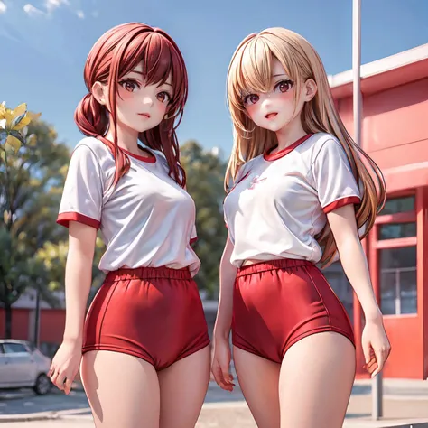 (masterpiece:1.2), (best quality:1.2), (extremely detailed:1.2)(ultra detailed), (2girls:1.4), <lora:trueBuruma_v26red:0.2> red buruma, red gym uniform, 
 <lora:add_detail:0.8>
 <lora:school_yard_v0.1:0.8> school yard
 <lora:blindbox_v1_mix:1.3>