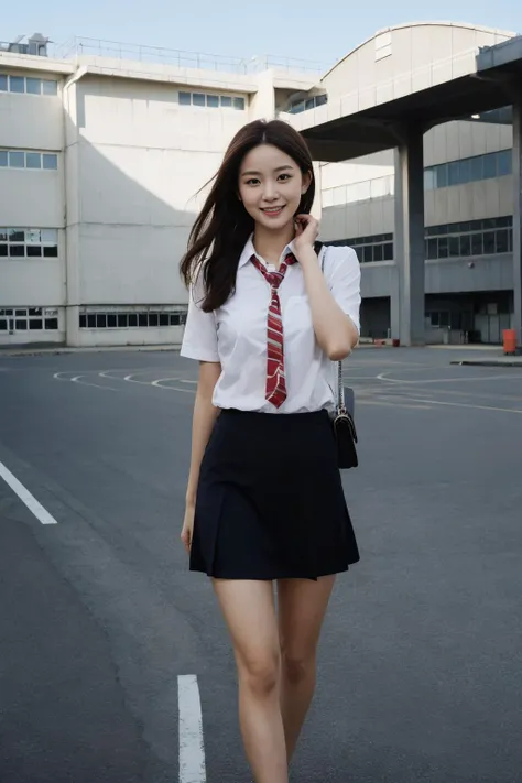 school yard, Best quality, masterpiece, ultra high res, (photorealistic:1.4), raw photo, (slender legs)(beautiful hands)(normal body shape), dynamic pose, 1girl, solo, school uniform, in the dark, deep shadow, low key, cold light 12000K, smile,<lora:school_yard_v0.1:1>