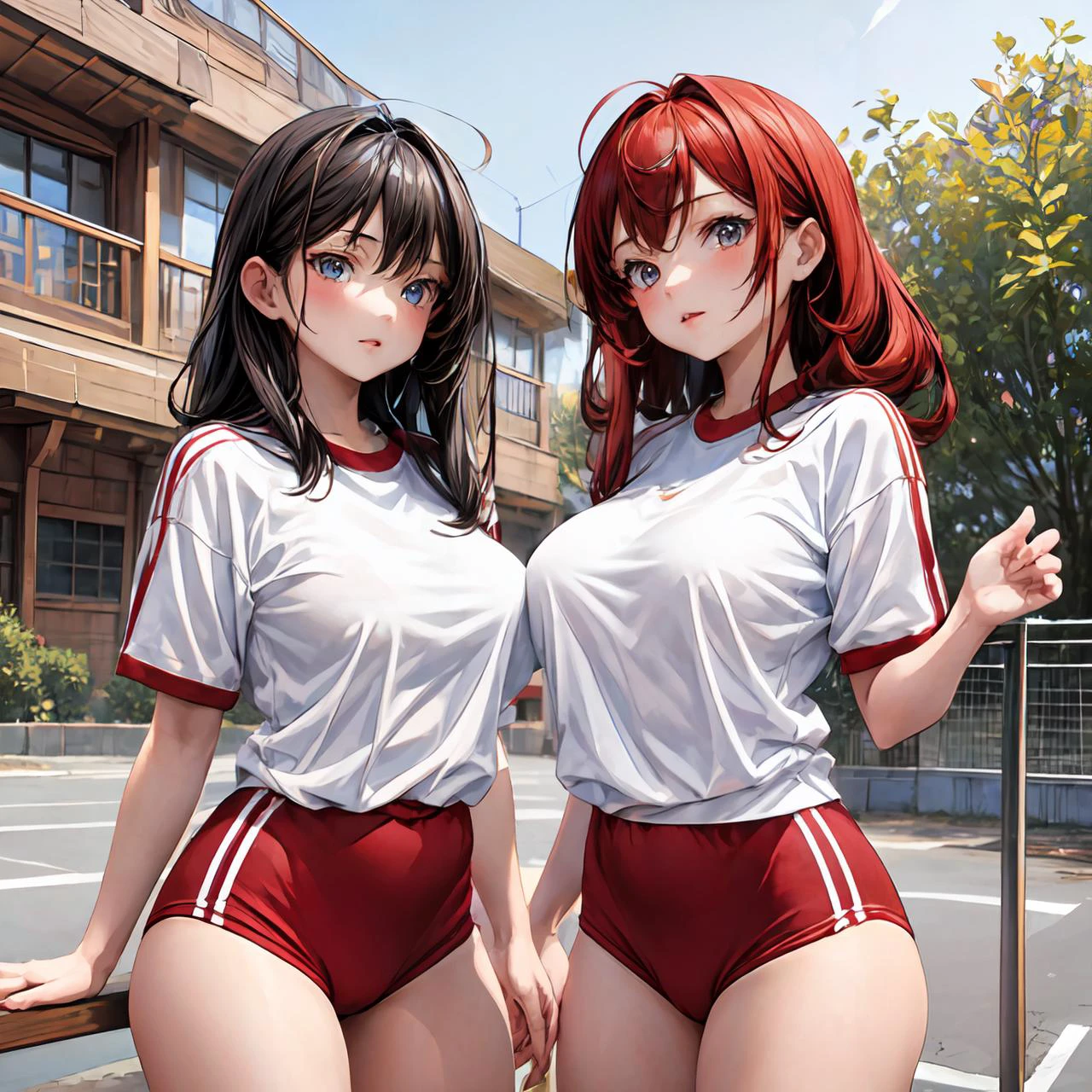 (masterpiece:1.2), (best quality:1.2), (extremely detailed:1.2)(ultra detailed), (2girls:1.4), <lora:trueBuruma_v26red:0.2> red buruma, red gym uniform,
<lora:add_detail:0.8>,
<lora:school_yard_v0.1:0.8> school yard
<lora:GachaSplash4:0.8>