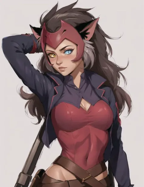 <lora:last:0.70> masterpiece, best quality, 1girl, solo, catra in a suit, heterochromia, upper body, weapon over shoulder,