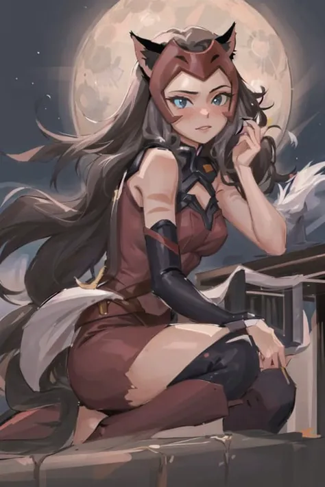 <lora:last:0.80> masterpiece, best quality, 1girl, solo, catra, top of a building, night, bright moon in background