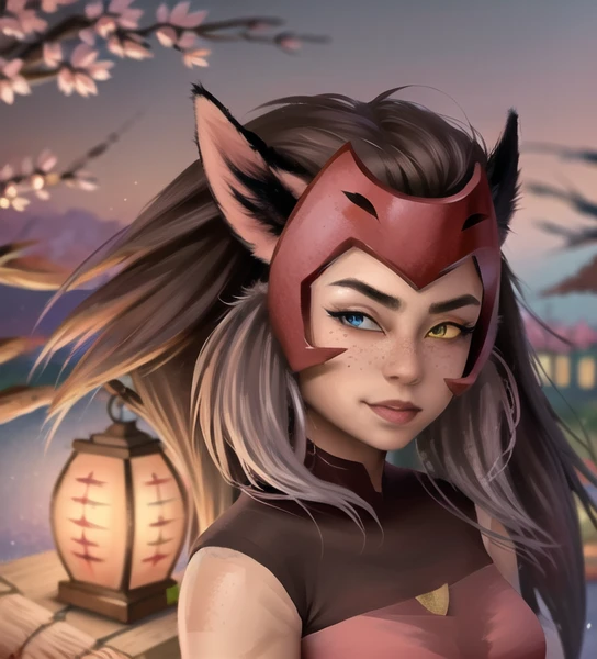 1girl,catra,best quality, (painting:1.5), breasts, cherry blossoms, lantern light, depth of field, detailed face, face focus, ribbon_trim, (looking at viewer:1.25), shiny skin, smile, thick lips, game cg, hands on lips, east asian architecture, (blurry background:1.2), sitting, upper body,night