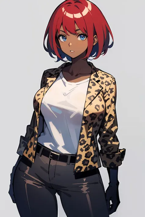 masterpiece,high quality,highres,1girl,solo,large breast,wide hips,mature female,<lora:leopard-clothes-v1-b3-wasabiya:1>,leoprint,print jacket,white shirt,pants,dark skin, dark-skinned female ,short hair ,simple background,(blue eyes , red hair ),