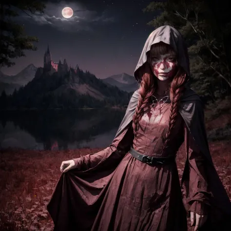 (masterpiece:1.2), best quality, <lora:Morgana:0.6>,main dress, butterfly cloak clasp, ((hand scars)), close, hood up, burned face, beautiful blood moon light, castle, (background with dark forest:1.2), lake, mountains, (((night))), <lora:Adddetail:0.5>, add_details, medium breasts, best quality, ultra detailed, absurdres,8K, (best illustration), (best shadow)