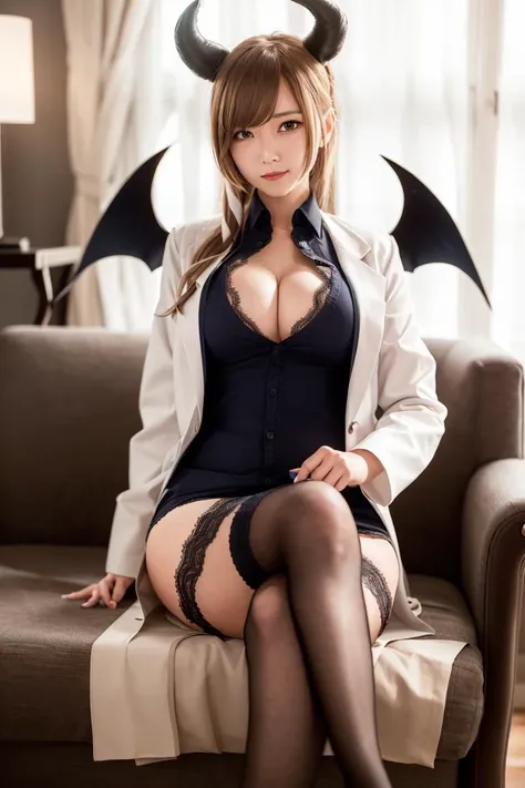 (((masterpiece, best quality, highres))),(raw photo,photo realistic:1.3),1girl, yuzuki choco, virtual youtuber, horns, breasts, thighhighs, blonde hair, long hair, pointy ears, blue eyes, garter straps, wings, cleavage, skirt, breast tattoo, pink shirt, demon horns, tattoo, lace-trimmed legwear, shirt, demon girl, bangs, demon wings, lace trim, black thighhighs, 
demon tail, black skirt, pencil skirt, tail, frills, frilled shirt, white labcoat, coat, high_heels, smile, hotel, sitting, crossed legs,(thong:1.1)