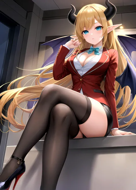 (masterpiece:1.3), (absurdres:1.3), (best quality:1.3), (ultra-detailed:1.3),(best shadow:0.7), (handled hair), pureerosface_v1, perfect anatomy, 1girl, 1boy, solo, <lora:yuzukiChocoHololive_v1:0.3>, yuzuki_choco, (blonde hair, very long hair, aqua eyes, asymmetrical bangs), (elf ears, demon horns, demon wings, demon tail), (large breasts, cleavage), business suit, miniskirt, sitting, crossed legs, crossed arms, high_heels, from below
