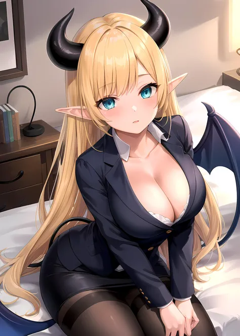 (masterpiece:1.3), (absurdres:1.3), (best quality:1.3), (ultra-detailed:1.3),(best shadow:0.7), (handled hair), pureerosface_v1, perfect anatomy, 1girl, 1boy, solo, <lora:yuzukiChocoHololive_v1:0.3>, yuzuki_choco, (blonde hair, very long hair, aqua eyes, asymmetrical bangs), (elf ears, demon horns, demon wings, demon tail), (large breasts, cleavage), business suit, miniskirt, sitting, crossed legs, crossed arms, from above