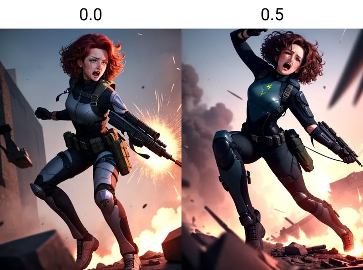 style of aipub, <lyco:a1pubstyle:0.0>, (((masterpiece, best quality, high quality, aipub))), wide shot of a gorgeous woman with short curly chartreuse hair and small narrow auburn eyes, crying, open eyes, open mouth,, tactical gear outfit, , in a crazy action scene with explosions