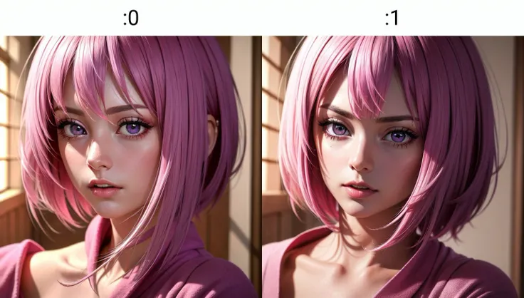 (((masterpiece, best quality, high quality, aipub))), portrait of a gorgeous woman with short straight pink hair AND small narrow purple eyes, disgusted, open eyes, closed mouth,, bathrobe outfit, , in a zombie , caustics, <lyco:aipub:0>