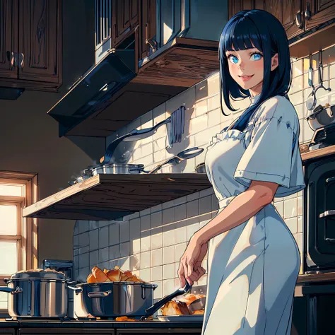 (Beautiful woman with long black bangs hair, wearing a beautiful dress, cute smile, blue eyes, cooking food by the stove:1.3)(Beautiful kitchen in background:1.25) <lyco:aipub-v3:0.7> <lora:add_detail:0.3>, masterpiece, best quality, wide-angle Hyperdetailed, masterpiece, best quality, 8k, natural lighting, soft lighting, sunlight, HDR (High Dynamic Range), Maximum Clarity And Sharpness, Multi-Layered Textures