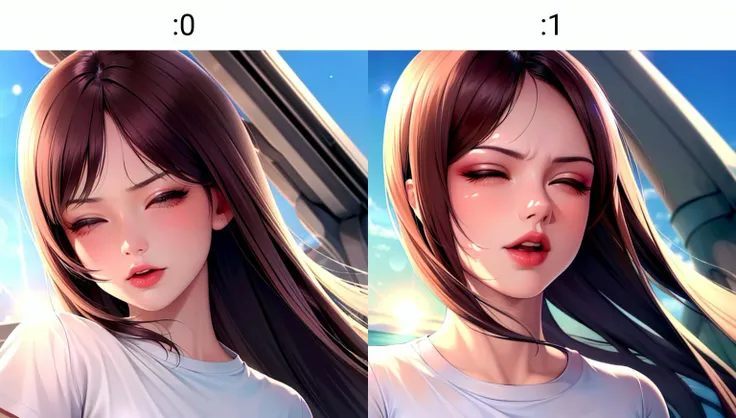 (((masterpiece, best quality, high quality, aipub))), portrait of a gorgeous woman with medium straight turquoise hair AND small wide auburn eyes, frowning, closed eyes, open mouth,, tshirt outfit, , in the plane, lens flare, <lyco:aipub:0>