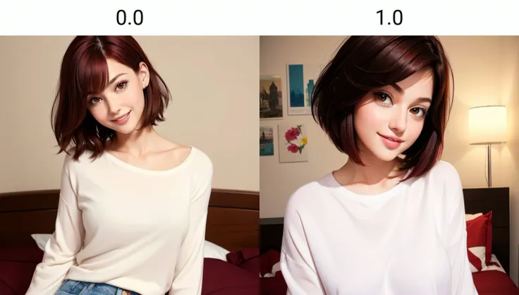 style of aipub, <lyco:aipub-v3-000010:0.0>, (((masterpiece, best quality, high quality, aipub))), wide shot of a gorgeous woman with short straight burgundy hair and small wide white eyes, smiling, open eyes, open mouth,, casual clothes outfit, , in the bedroom