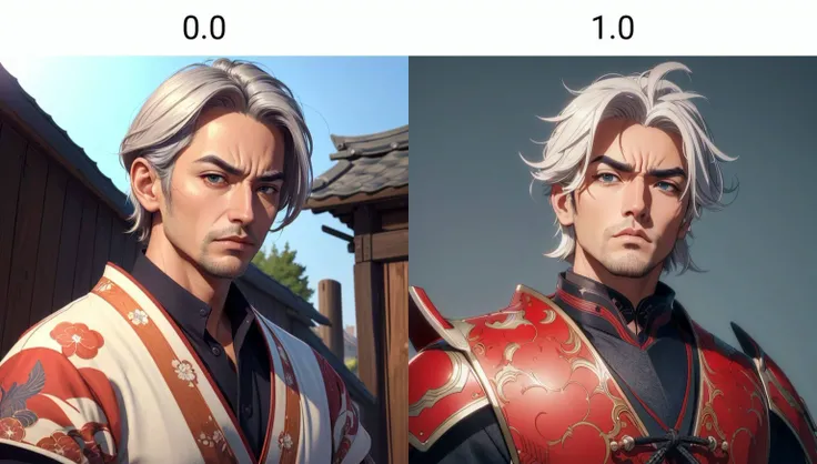 style of aipub, <lyco:aipub-v3-000010:0.0>, (((masterpiece, best quality, high quality, aipub))), bust of a gorgeous man with short straight gray hair and big narrow vermilion eyes, frowning, open eyes, open mouth,, samurai outfit, , in a rpg town