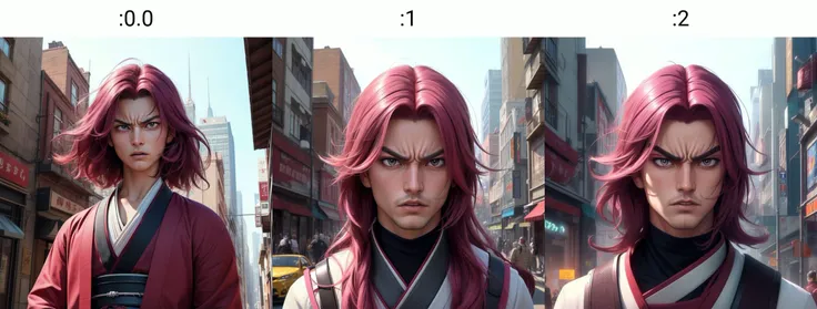 <lyco:aipub-v2:0.0> (((masterpiece, best quality, high quality, aipub))), action shot of a gorgeous man with long straight magenta hair and small narrow viridian eyes, angry, open eyes, closed mouth,, samurai outfit , in a scifi city