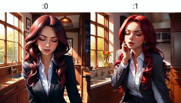 (((masterpiece, best quality, high quality, aipub))), portrait of a gorgeous woman with long curly jade hair AND big narrow crimson eyes, disgusted, closed eyes, open mouth,, business suit outfit, , in the kitchen, light rays, <lyco:aipub:0>