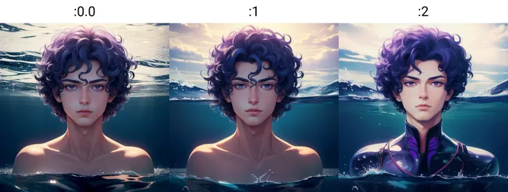 <lyco:aipub-v2:0.0> (((masterpiece, best quality, high quality, aipub))) | wide shot of a gorgeous man with short curly azure hair and small wide violet eyes , in a submarine