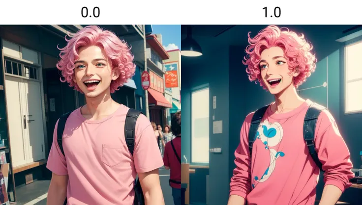 style of aipub, <lyco:aipub-v3-000010:0.0>, (((masterpiece, best quality, high quality, aipub))), wide shot of a gorgeous man with short curly pink hair and small narrow silver eyes, laughing, open eyes, closed mouth,, casual clothes outfit, , in a crazy fantastic movie scene