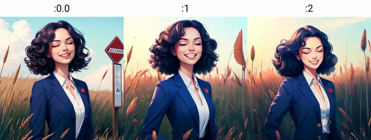 <lyco:aipub-v2:0.0>, (((masterpiece, best quality, high quality, aipub))), action shot of a gorgeous woman with medium curly indigo hair and big narrow scarlet eyes, smiling, closed eyes, closed mouth,, business suit outfit, , in grassfields