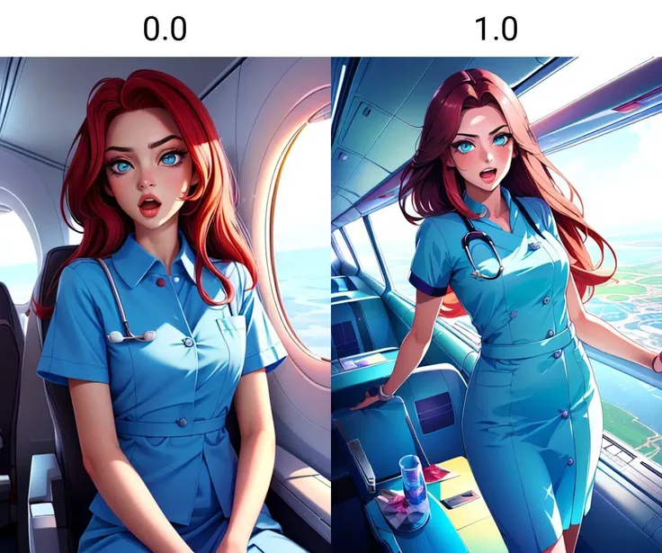 style of aipub, <lyco:a1pubstyle:0.0>, (((masterpiece, best quality, high quality, aipub))), action shot of a gorgeous woman with long straight crimson hair and small narrow azure eyes, disgusted, open eyes, open mouth,, nurse uniform outfit, , in the plane