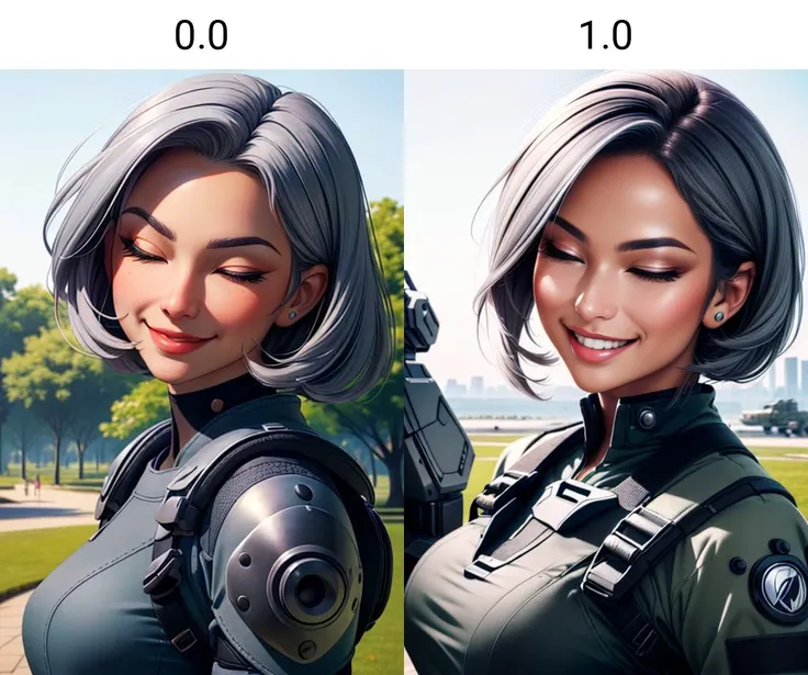 style of aipub, <lyco:a1pubstyle:0.0>, (((masterpiece, best quality, high quality, aipub))), close-up of a gorgeous woman with short straight gray hair and big narrow gray eyes, smiling, closed eyes, closed mouth,, tactical gear outfit, , in a park