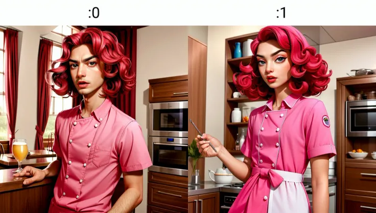 (((masterpiece, best quality, high quality, aipub))), wide shot of a gorgeous man with short curly red hair AND small wide fuchsia eyes, frowning, open eyes, open mouth,, chef uniform outfit, , in the living room, <lyco:aipub:0>