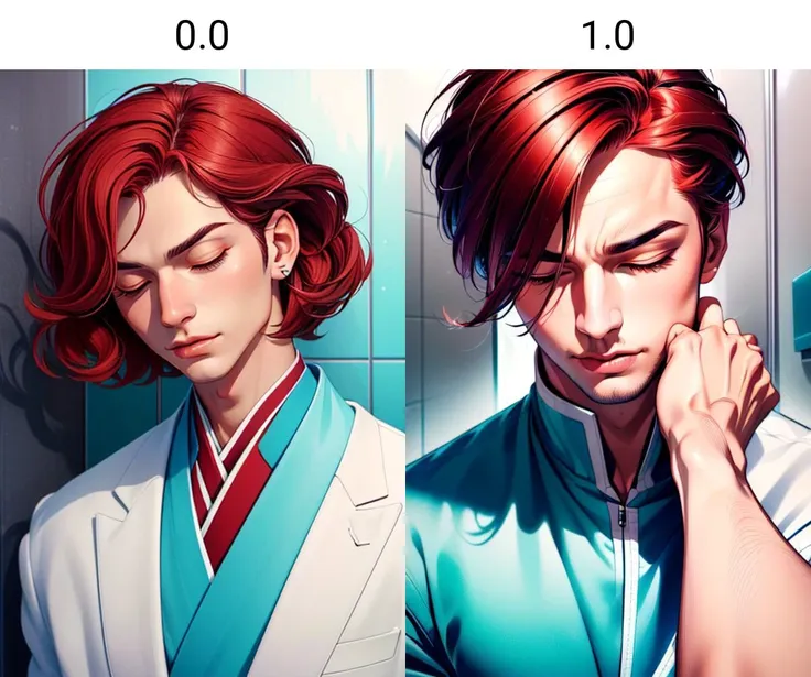 style of aipub, <lyco:a1pubstyle:0.0>, (((masterpiece, best quality, high quality, aipub))), portrait of a gorgeous man with short straight crimson hair and big narrow cyan eyes, surprised, closed eyes, closed mouth,, dougi outfit, , in the bathroom