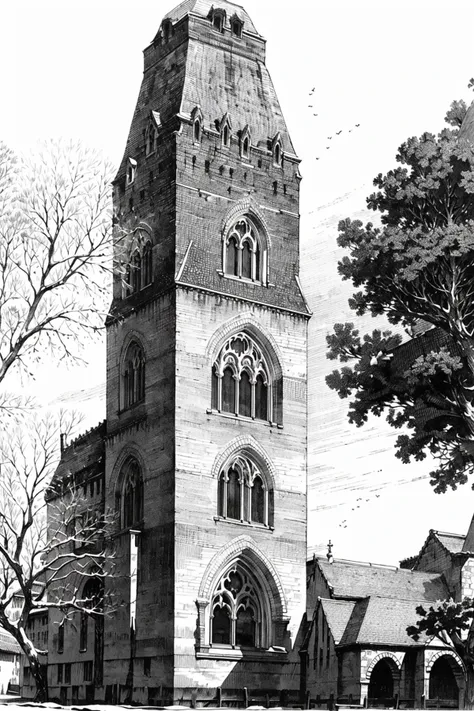 greyscale, monochrome, no humans, tree, scenery, traditional media, tower, building, outdoors <lora:Pen Drawing Stylea_20230808204354:0.82>