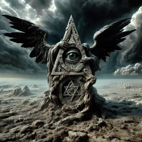 mortishadow a rock with the eye of providence before which a black angel kneels, dark, expressive, very detailed, film atmosphere<lora:mortishadow:1>