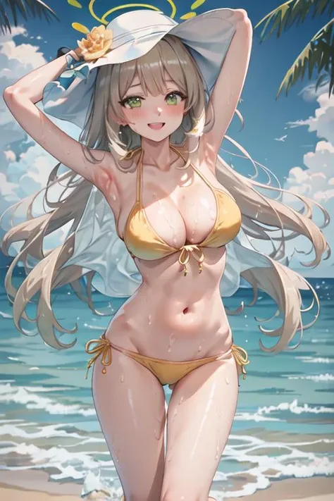 best quality, masterpiece, highres, solo, {white kimono:1.35}, {red hakama:1.35}, {wide sleeves:1.20}, {nonomi_bluearchive:1.15}, long_hair, bangs, halo, blush, green_eyes, breasts, smile, large_breasts, swimsuit, bikini, yellow_bikini, collarbone, open_mouth, cleavage, hat, sun_hat, white_headwear, light_brown_hair