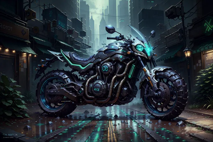 <lora:NerazimAI:.9> NerazimAI  only one sport motorbike in cyberpunk street city at night neons rain fog , intricate, detailed