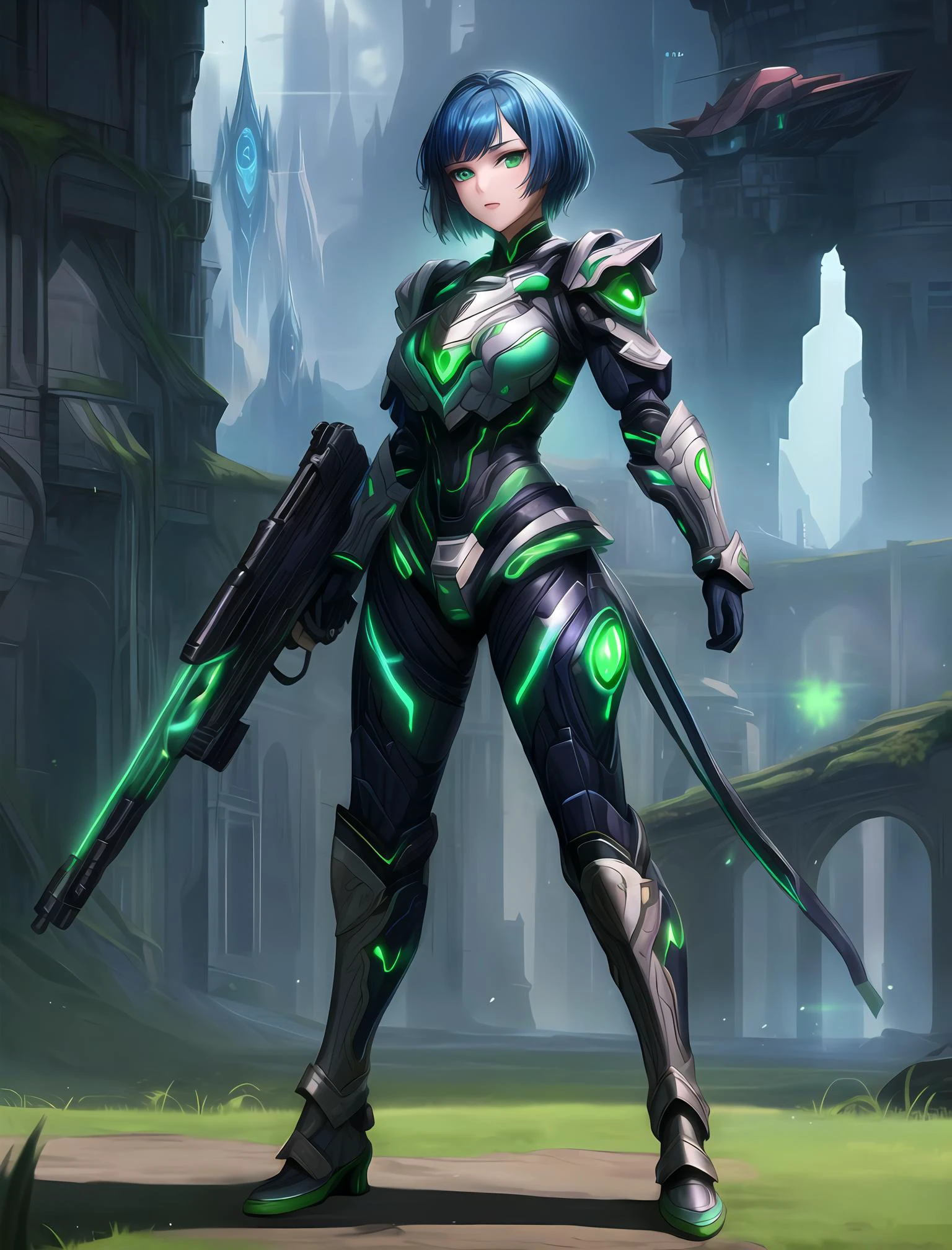 (masterpiece:1.2), (best quality:1.2), extremely detailed, (beautiful face), (perfect face), (perfect hands), highres, 1girl, full body, short hair, (blue hair:1.2), green eyes, green glowing, green glowing armor, jewelry, warrior, ((science fiction, scifi armor)), standing, breastplate, pauldrons, holding gun, castle, crystal, green gem, <lora:NerazimAI:0.7>, NerazimAI, <lora:more_details:0.7>, magic gun