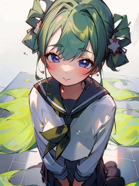 <lora:hair rings-20:1>hair rings<lora:henreader-10:1>green hair, from above, looking up, blush, serafuku, masterpiece, best quality