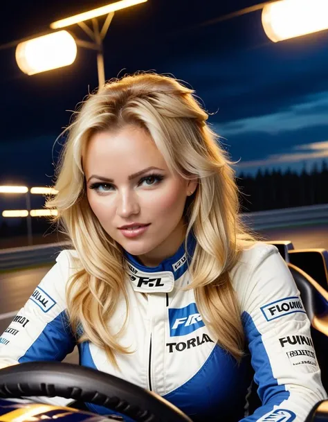 <lora:Tatjana:1> 1875 photo of 23 year old Tatjana, with blonde hair, in finland , properly dressed, driving a F1 car over a circuit, soft lighting, 4k, dslr