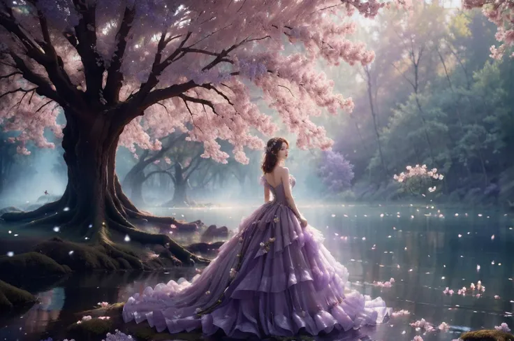 (casta diva:1.3),(a graceful figure:1.2),(a princess dress with a sheer texture:1.2),(twisted tree:1.2),(a forest with light purple flowers blooming:1.2),(many brilliant flowers:1.1),stand,open waters,
<lora:wonderland natural fantasy_20231220003706-000011:0.7>,wonderland natural fantasy,photography,<lora:è±ç°é_v1.0:0.5>,, masterpiece:1,2), best quality, masterpiece, highres, perfect lighting