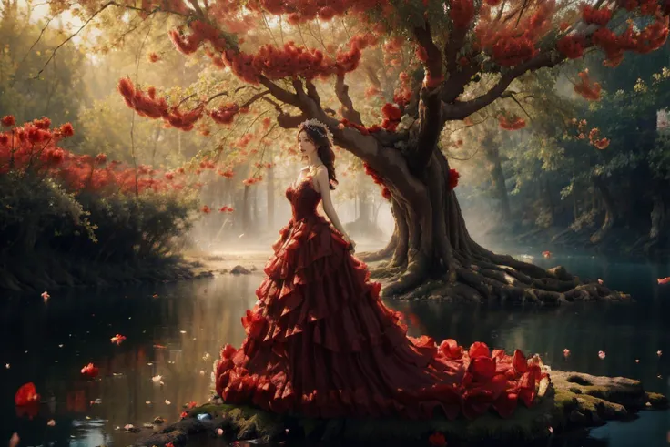 (casta diva:1.3),(a graceful figure:1.2),(a princess dress with a sheer texture:1.2),(twisted tree:1.2),(a big tree with red flowers blooming:1.2),stand,open waters,
<lora:wonderland natural fantasy_20231220003706-000011:0.7>,wonderland natural fantasy,photography,<lora:è±ç°é_v1.0:0.5>,, masterpiece:1,2), best quality, masterpiece, highres, perfect lighting