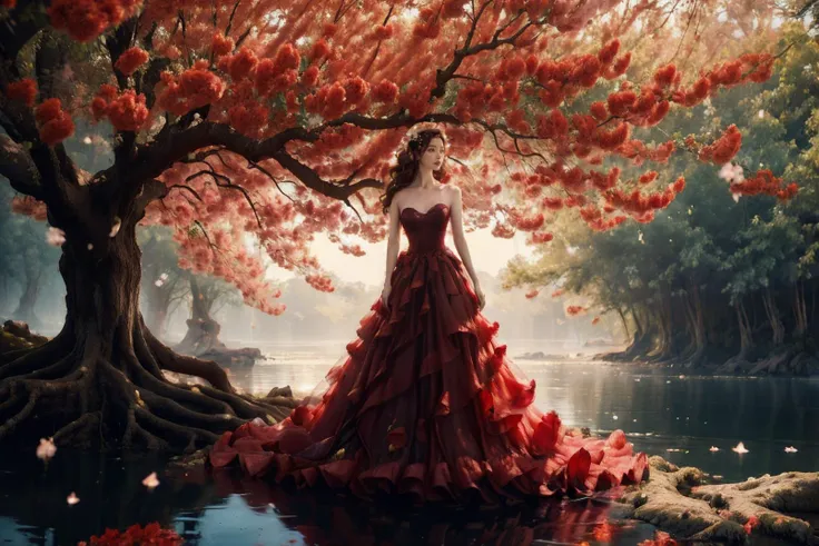 (casta diva:1.3),(a graceful figure:1.2),(a princess dress with a sheer texture:1.2),(twisted tree:1.2),(a big tree with red flowers blooming:1.2),stand,open waters,
<lora:wonderland natural fantasy_20231220003706-000011:0.7>,wonderland natural fantasy,photography,<lora:è±ç°é_v1.0:0.5>,, masterpiece:1,2), best quality, masterpiece, highres, perfect lighting