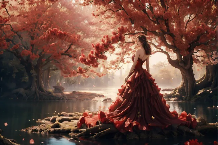 (casta diva:1.3),(a graceful figure:1.2),(a princess dress with a sheer texture:1.2),(twisted tree:1.2),(a big tree with red flowers blooming:1.2),stand,open waters,
<lora:wonderland natural fantasy_20231220003706-000011:0.7>,wonderland natural fantasy,photography,<lora:è±ç°é_v1.0:0.5>,, masterpiece:1,2), best quality, masterpiece, highres, perfect lighting