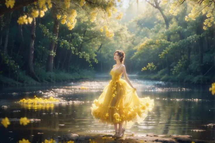 (casta diva:1.3),(a graceful figure:1.2),(a princess dress with a sheer texture:1.2),soft and gorgeous dance movements,(a forest with yellow flowers blooming:1.3),(twisted tree:1.2),(many brilliant flowers:1.1),a winding stream,stand,<lora:wonderland natural fantasy_20231220003706-000011:0.7>,wonderland natural fantasy,photography,<lora:è±ç°é_v1.0:0.6>,<lora:æ³å
:0.4>,, masterpiece:1,2), best quality, masterpiece, highres, perfect lighting