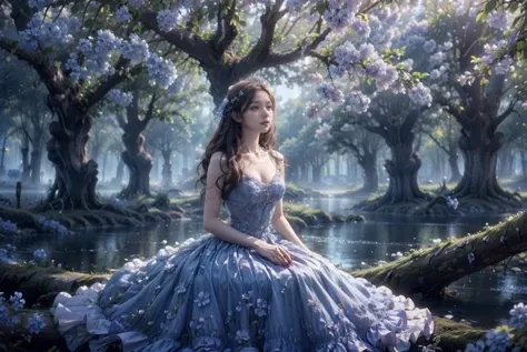 (a beautiful and elegant princess:1.3),(casta diva:1.3),a princess dress with a sheer texture,<lora:wonderland natural fantasy_20231220003706-000011:0.8>,(blue flowers bloom on the tree:1.3),wonderland natural fantasy,twisted trees,photography,(blue flower:1.2),, (masterpiece:1,2), best quality, masterpiece, highres, original, extremely detailed wallpaper, perfect lighting,(extremely detailed CG:1.2ï¼