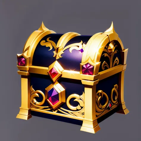 chest, treasure, still life, no man, gray background, complex textures, metal decorations, inlaid gemstones, simple background, shiny, game item design <lora:Treasure chests:1>