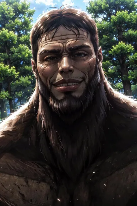 closeup, <lora:BeastTitan-10:0.8> beasttitan, (smile:1.2), <lora:gigachadDiffusionLora_v69:0.8> gigachad, forest