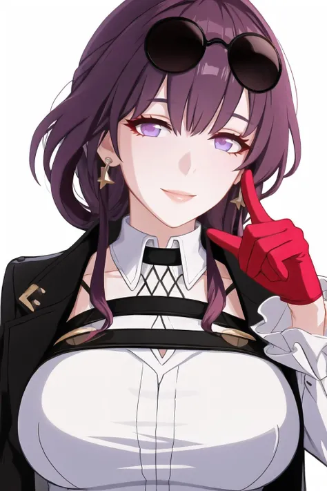 1girl, solo, long hair, looking at viewer, smile, shirt, gloves, long sleeves, white background, jewelry, jacket, white shirt, upper body, purple hair, earrings, coat, sunglasses, pointing, eyewear on head, round eyewear,star-kafka, (mature female:1.4),realistic <lora:kafka-v3-nai-13ep-resize:0.75> <lora:Hoyoverse-Honkai3-Style-resumed-alternative-000170:1>
