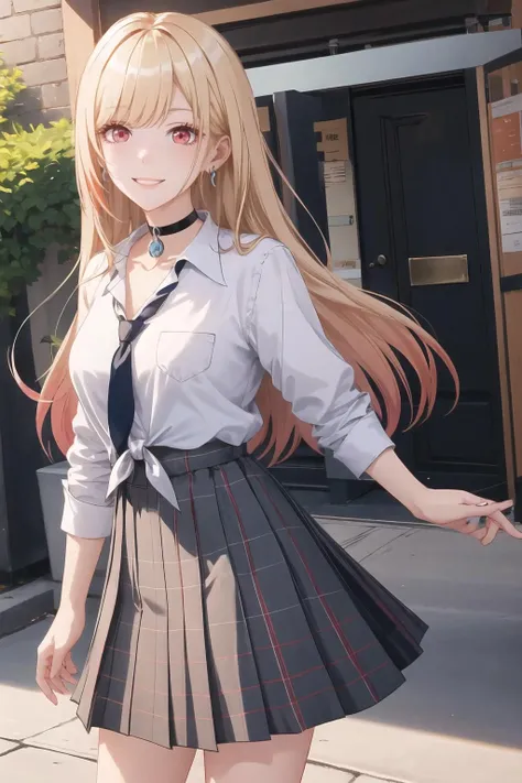 masterpiece, best quality, highres, kitagawa marin, 1girl, blonde hair, long hair, multicolored hair, red eyes, jewelry, earrings, piercing, school uniform, white shirt, tied shirt, black choker, blue necktie, plaid skirt, <lora:kitagawa_marin_v1-1:0.7>, grin, smile, standing, cowboy shot, outdoors, <lora:Hoyoverse-Honkai3-Style-resumed-alternative-000170:1>