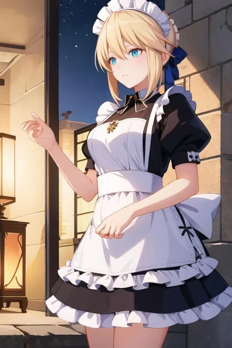 Highly detailed, High Quality, Masterpiece, beautiful,  artoria pendragon \(fate\), <lora:Char_Fate_Saber:0.65>, starry, strry light, night, colorful, cloud, star \(sky\), maid, maid headdress, maid apron  <lora:Hoyoverse-Honkai3-Style-resumed-alternative-000170:1>
