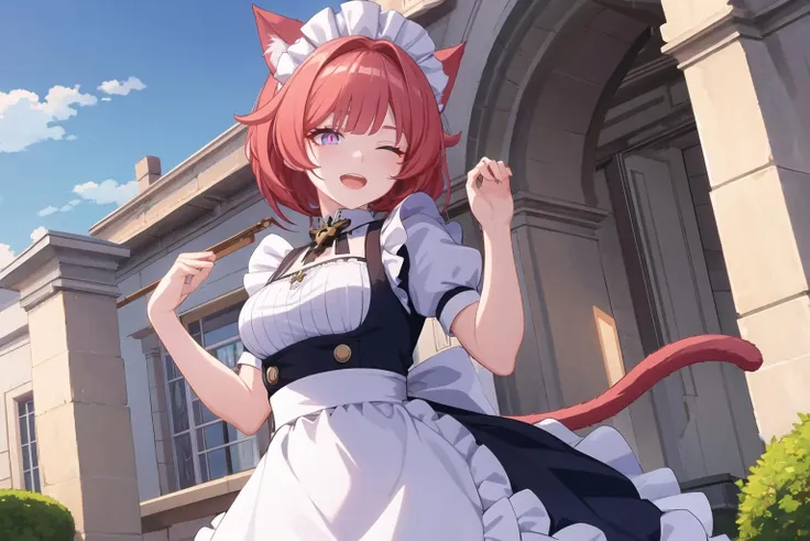 Highly detailed, High Quality, Masterpiece, beautiful,  1girl, red hair, cat ears, cat tail, cat girl, maid dress, maid apron, maid tiara, jumping, happy, joy, one eye closed, violet eyes, pink pupils, hands up <lora:Hoyoverse-Honkai3-Style-resumed-alternative-000170:1>