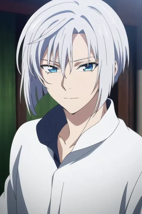 masterpiece, best quality, high quality, 1boy, solo, male focus, looking at viewer, upper body, <lora:ki-ja:0.82>, ki-ja, blue eyes, hair between eyes, bangs, white hair, <lora:Realism-10:0.20>, Realism